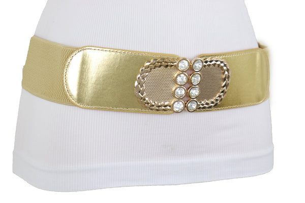 Brand New Style Women Gold Elastic Belt Bling Metal Buckle Size S M