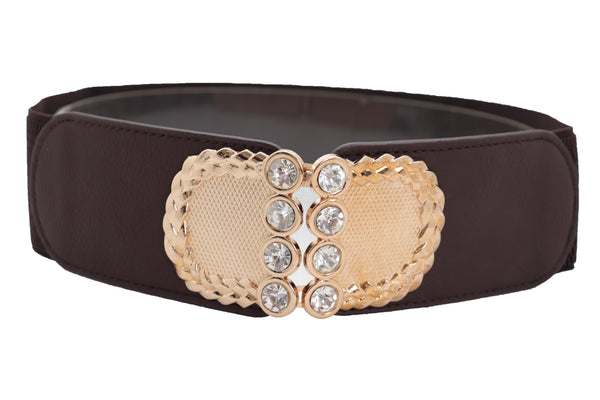 Brand New Women Dark Brown Elastic Fashion Belt Gold Metal Buckle S M