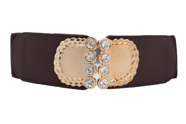Brand New Women Dark Brown Elastic Fashion Belt Gold Metal Buckle S M
