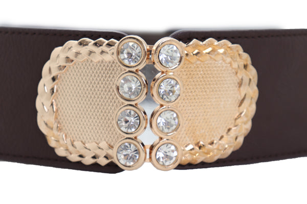 Brand New Women Dark Brown Elastic Fashion Belt Gold Metal Buckle S M