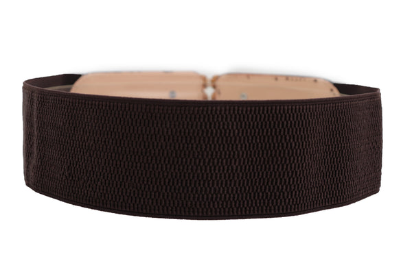 Brand New Women Dark Brown Elastic Fashion Belt Gold Metal Buckle S M