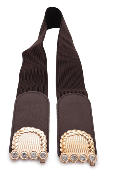 Brand New Women Dark Brown Elastic Fashion Belt Gold Metal Buckle S M