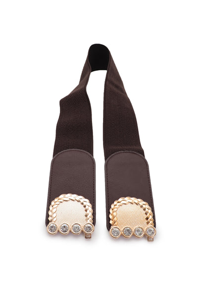 Brand New Women Dark Brown Elastic Fashion Belt Gold Metal Buckle S M