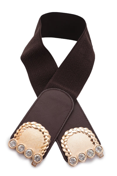 Brand New Women Dark Brown Elastic Fashion Belt Gold Metal Buckle S M