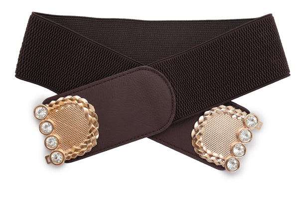 Brand New Women Dark Brown Elastic Fashion Belt Gold Metal Buckle S M
