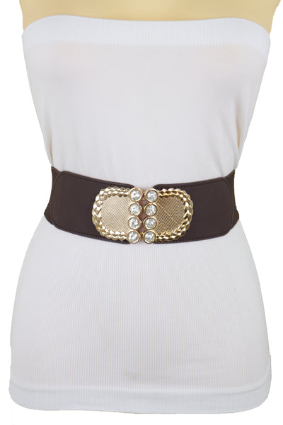 Brand New Women Dark Brown Elastic Fashion Belt Gold Metal Buckle S M