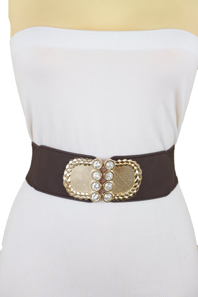 Brand New Women Dark Brown Elastic Fashion Belt Gold Metal Buckle S M