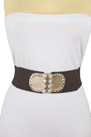 Brand New Women Dark Brown Elastic Fashion Belt Gold Metal Buckle S M