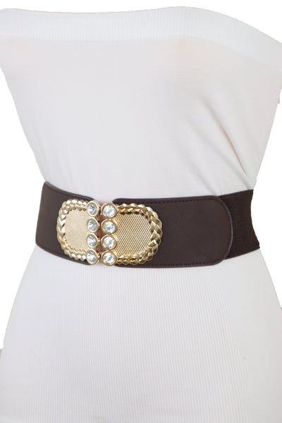 Brand New Women Dark Brown Elastic Fashion Belt Gold Metal Buckle S M