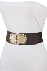 Dark Brown Elastic Fashion Belt Gold Metal Buckle S M