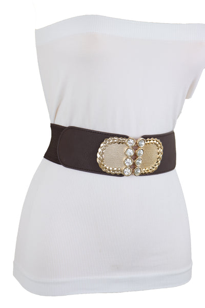 Brand New Women Dark Brown Elastic Fashion Belt Gold Metal Buckle S M