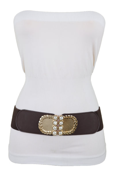 Brand New Women Dark Brown Elastic Fashion Belt Gold Metal Buckle S M