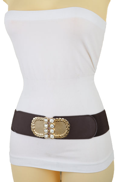 Brand New Women Dark Brown Elastic Fashion Belt Gold Metal Buckle S M