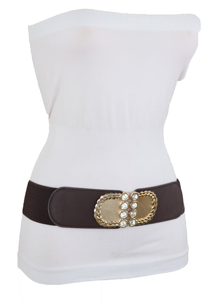 Brand New Women Dark Brown Elastic Fashion Belt Gold Metal Buckle S M