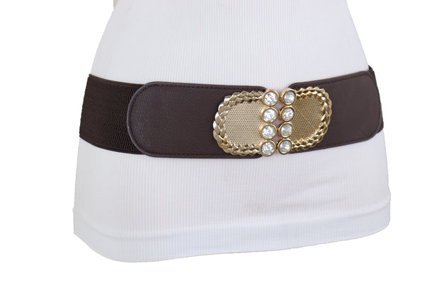 Brand New Women Dark Brown Elastic Fashion Belt Gold Metal Buckle S M
