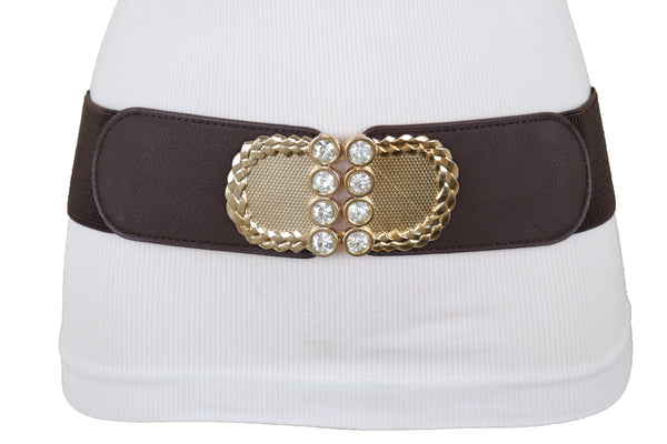 Brand New Women Dark Brown Elastic Fashion Belt Gold Metal Buckle S M