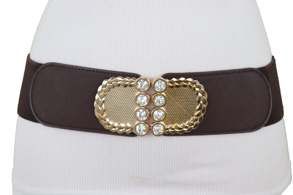 Brand New Women Dark Brown Elastic Fashion Belt Gold Metal Buckle S M
