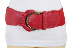 Red Elastic Waistband Belt Hip High Waist Gold Buckle Fit Size S M