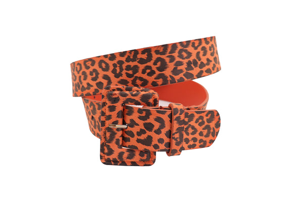 Brand New Women Orange Waistband Leopard Animal Print Belt Hip High Waist Square Buckle M
