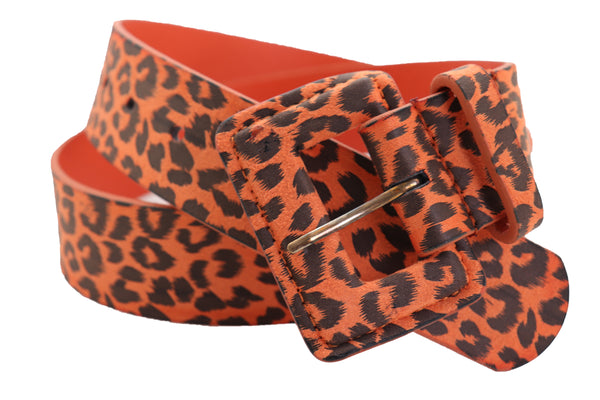 Brand New Women Orange Waistband Leopard Animal Print Belt Hip High Waist Square Buckle M