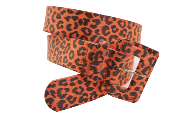 Brand New Women Orange Waistband Leopard Animal Print Belt Hip High Waist Square Buckle M