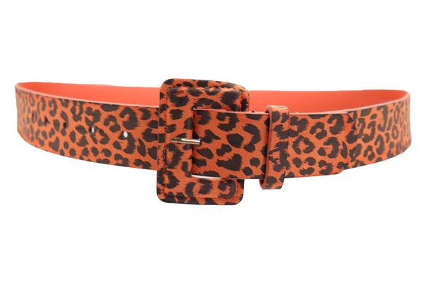 Brand New Women Orange Waistband Leopard Animal Print Belt Hip High Waist Square Buckle M