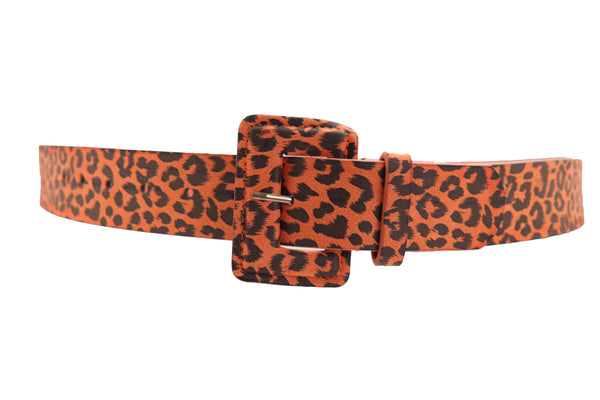 Brand New Women Orange Waistband Leopard Animal Print Belt Hip High Waist Square Buckle M