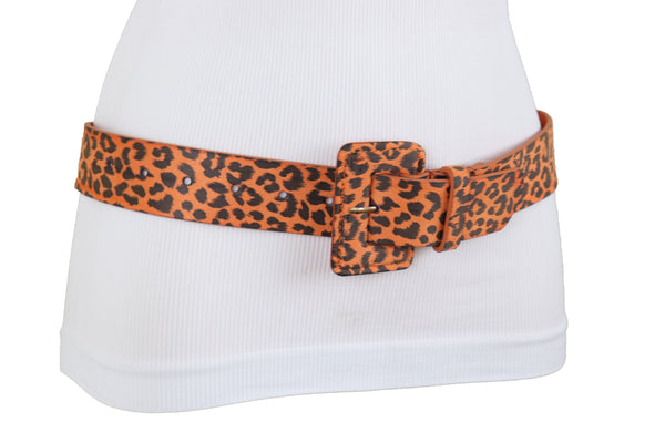 Brand New Women Orange Waistband Leopard Animal Print Belt Hip High Waist Square Buckle M