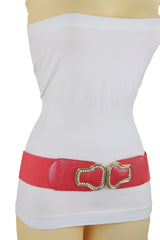 Coral Pink Elastic Band Belt Gold Buckle S M
