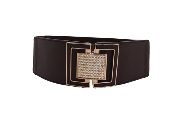 Brand New Women Brown Elastic Belt Gold Square Bling Buckle Fit Size S M