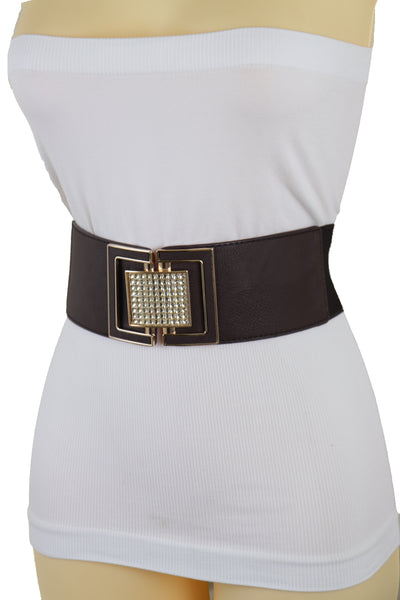 Brand New Women Brown Elastic Belt Gold Square Bling Buckle Fit Size S ...
