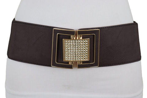 Brand New Women Brown Elastic Belt Gold Square Bling Buckle Fit Size S M