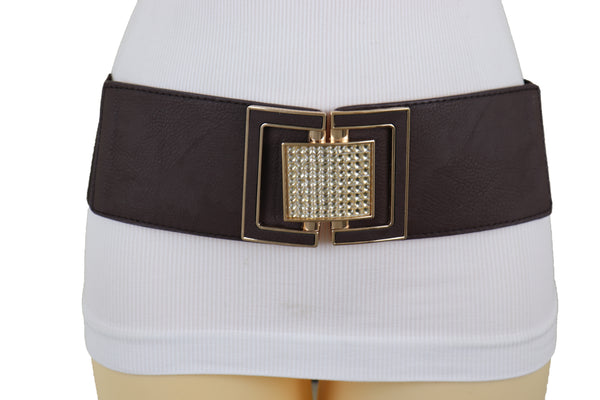 Brand New Women Brown Elastic Belt Gold Square Bling Buckle Fit Size S M