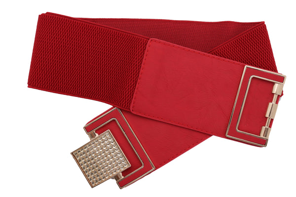 Brand New Women Red Elastic Waistband Fashion Belt Gold Square Buckle Fit Size S M