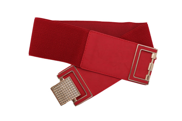 Brand New Women Red Elastic Waistband Fashion Belt Gold Square Buckle Fit Size S M