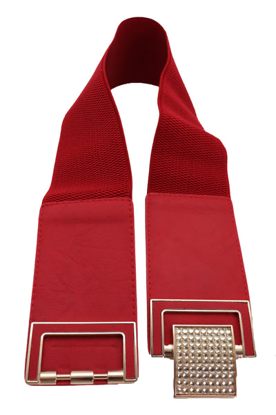 Brand New Women Red Elastic Waistband Fashion Belt Gold Square Buckle Fit Size S M