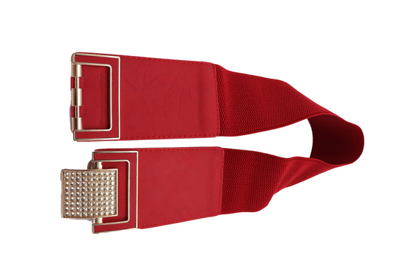Brand New Women Red Elastic Waistband Fashion Belt Gold Square Buckle Fit Size S M