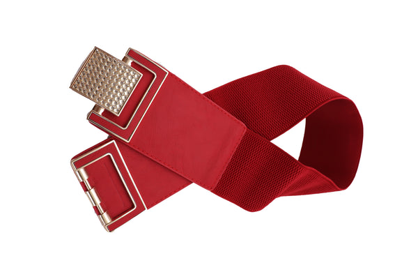 Brand New Women Red Elastic Waistband Fashion Belt Gold Square Buckle Fit Size S M