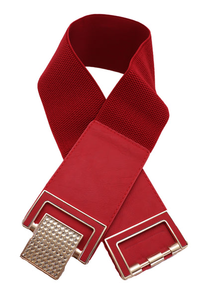 Brand New Women Red Elastic Waistband Fashion Belt Gold Square Buckle Fit Size S M
