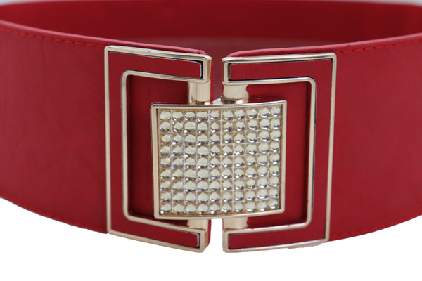 Brand New Women Red Elastic Waistband Fashion Belt Gold Square Buckle Fit Size S M