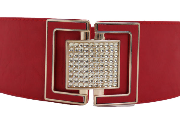 Brand New Women Red Elastic Waistband Fashion Belt Gold Square Buckle Fit Size S M
