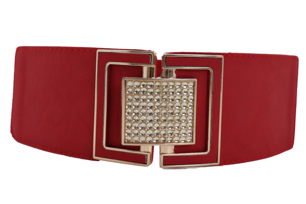 Brand New Women Red Elastic Waistband Fashion Belt Gold Square Buckle Fit Size S M
