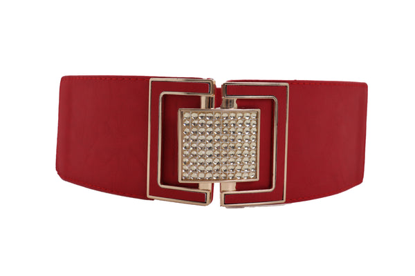 Brand New Women Red Elastic Waistband Fashion Belt Gold Square Buckle Fit Size S M