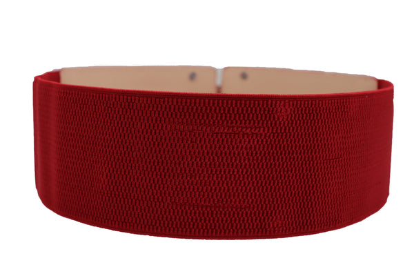 Brand New Women Red Elastic Waistband Fashion Belt Gold Square Buckle Fit Size S M