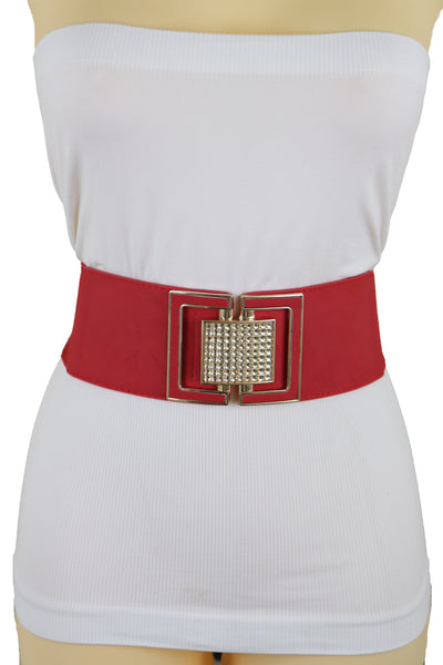 Brand New Women Red Elastic Waistband Fashion Belt Gold Square Buckle Fit Size S M