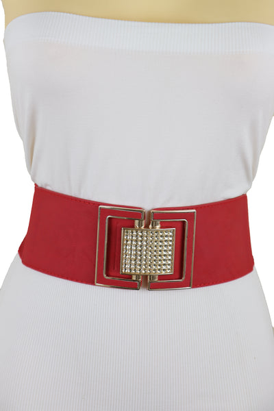 Brand New Women Red Elastic Waistband Fashion Belt Gold Square Buckle Fit Size S M