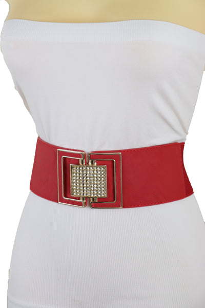 Brand New Women Red Elastic Waistband Fashion Belt Gold Square Buckle Fit Size S M
