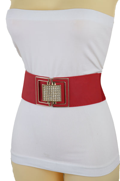 Brand New Women Red Elastic Waistband Fashion Belt Gold Square Buckle Fit Size S M