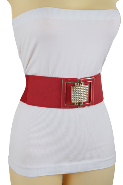 Brand New Women Red Elastic Waistband Fashion Belt Gold Square Buckle Fit Size S M