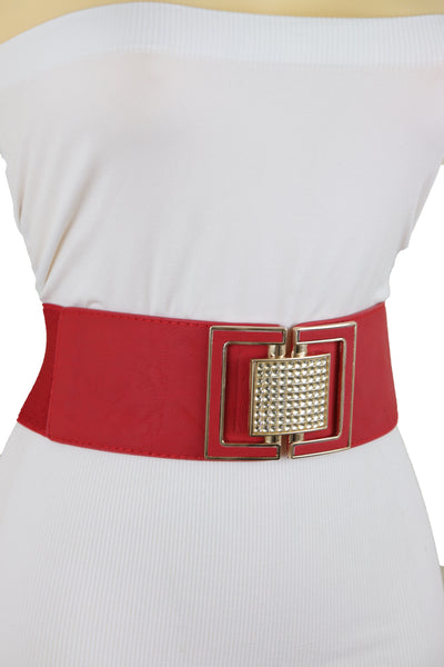 Brand New Women Red Elastic Waistband Fashion Belt Gold Square Buckle Fit Size S M
